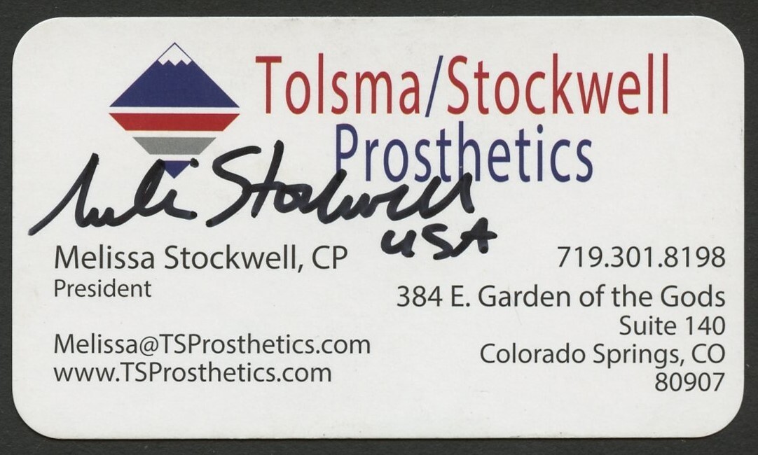 Melissa Stockwell signed auto President Tolsma Prosthetics Business Card BC616