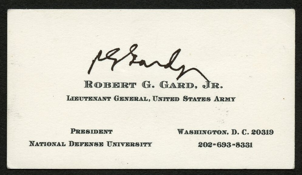 Robert G Gard Jr signed autograph Lieutenant General US Army Business Card BC711