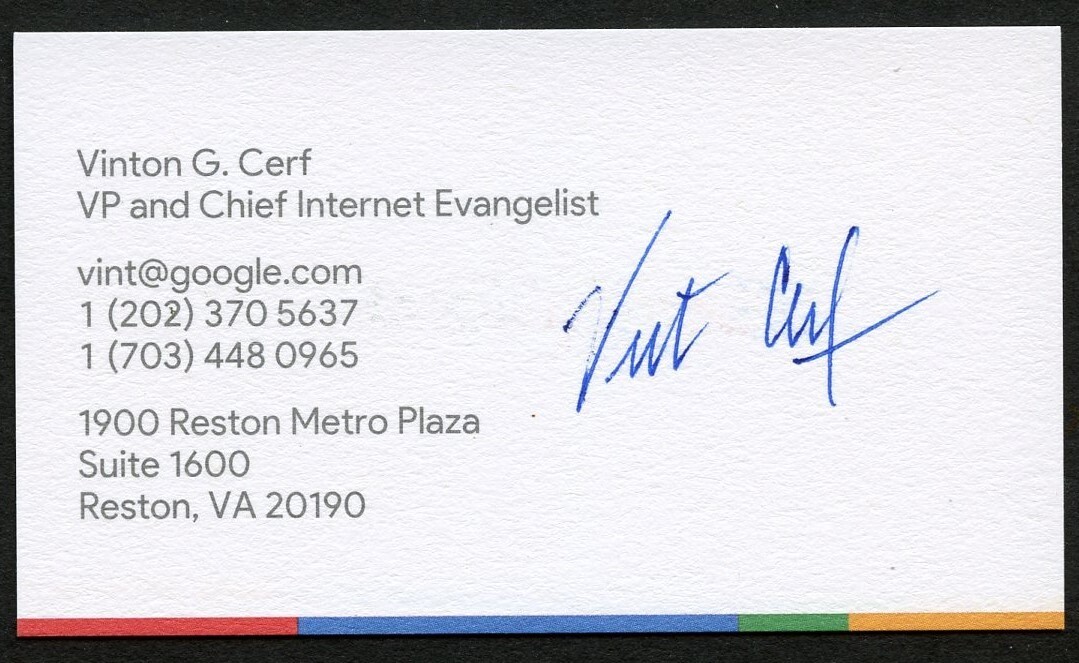 Vinton G Cerf signed autograph VP Chief Internet Evangelist Business Card BC834