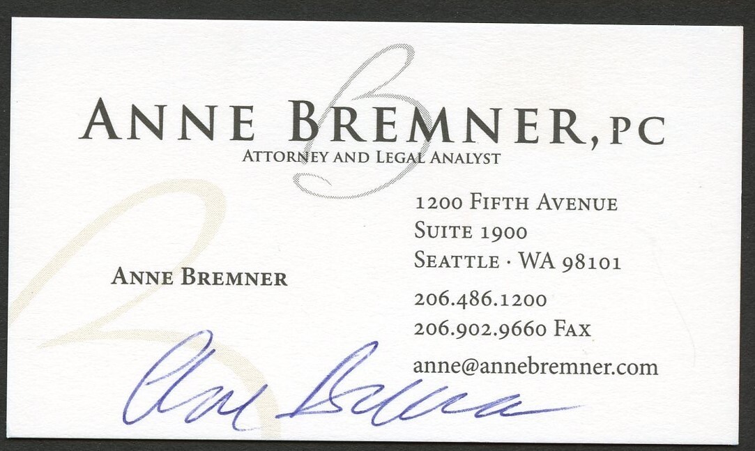 Anne Bremner signed autograph Attorney & Legal Analyst Business Card BC843