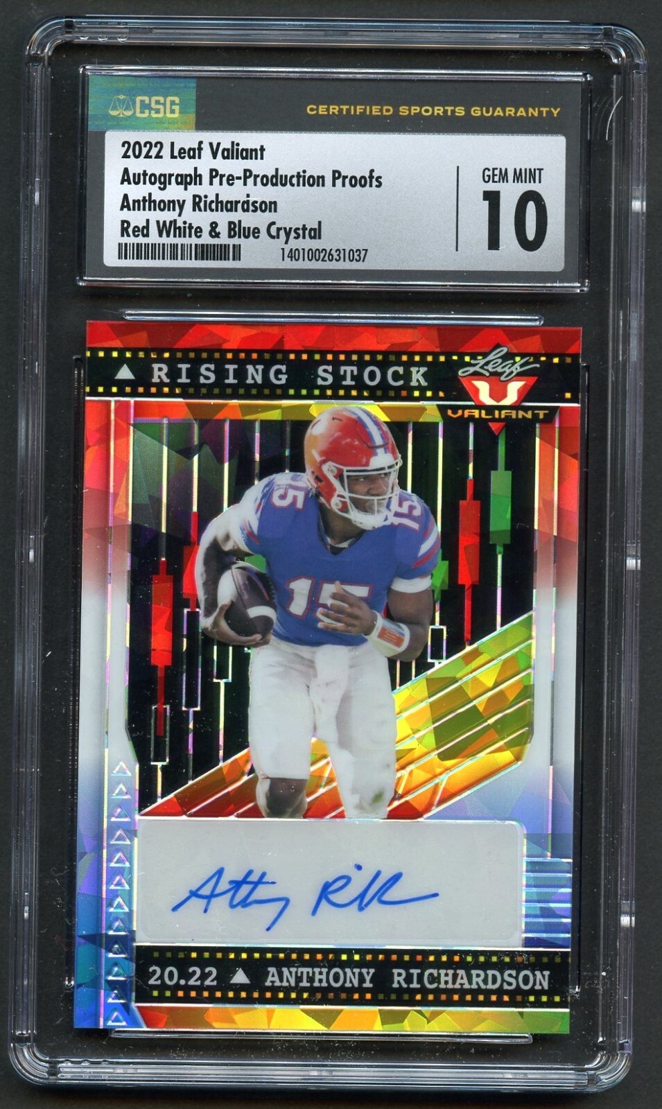 Anthony Richardson 2022 Leaf Valiant Autograph Red White Blue Crystal CSG 10