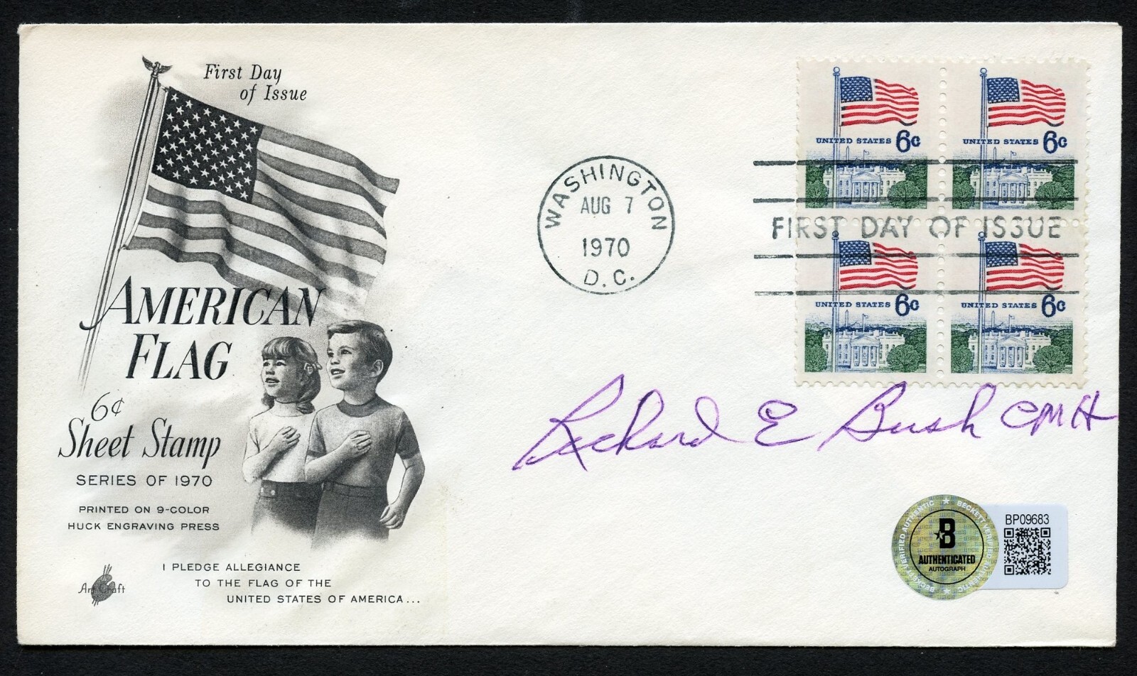Richard E. Bush d2004 signed autograph FDC MOH Recipient USMC WWII BAS Stickered