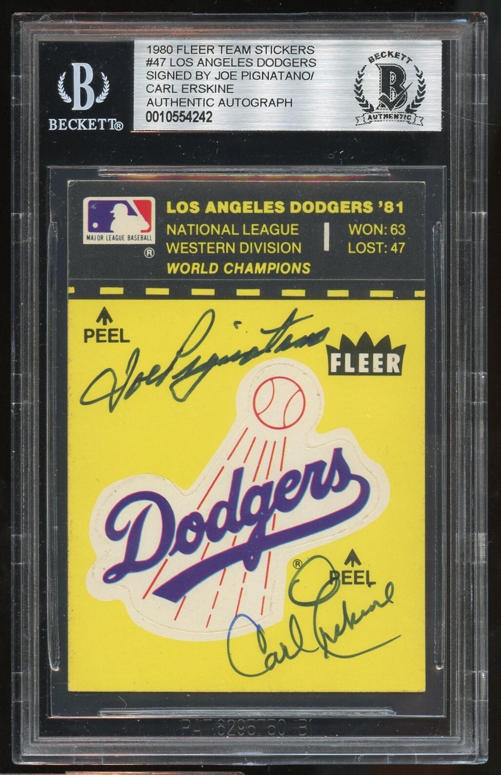 Carl Erskine & Joe Pignatano signed autograph 1980 Fleer LA Dodger Sticker BAS