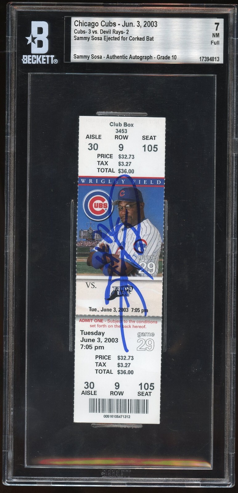 Sammy Sosa signed auto FULL Ticket Chicago Cubs Corked Bat Game 6/3/2003 BAS