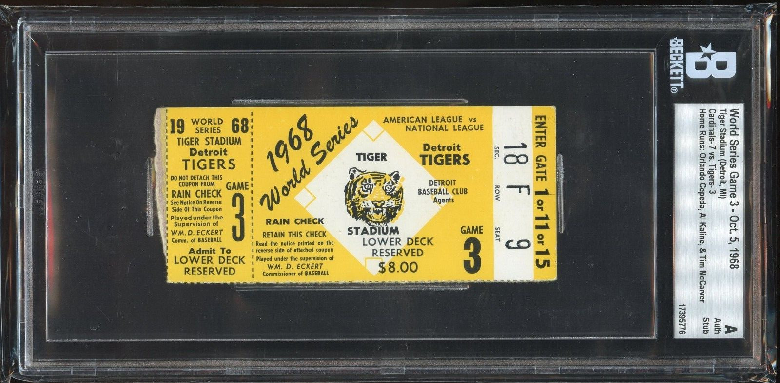 World Series Game 3 Ticket Stub Cardinals vs Tigers October 5, 1968 Grade A BAS