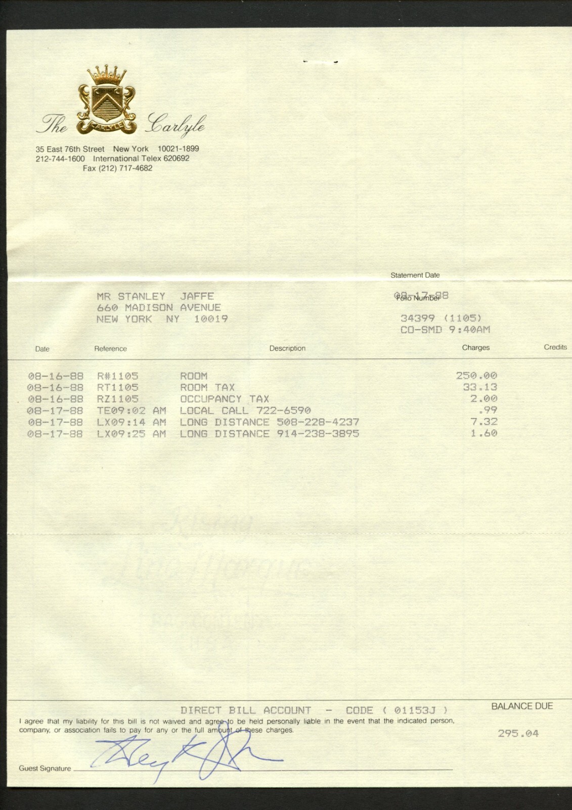 Stanley Jaffe d2025 signed autograph The Carlyle Hotel Statement Producer
