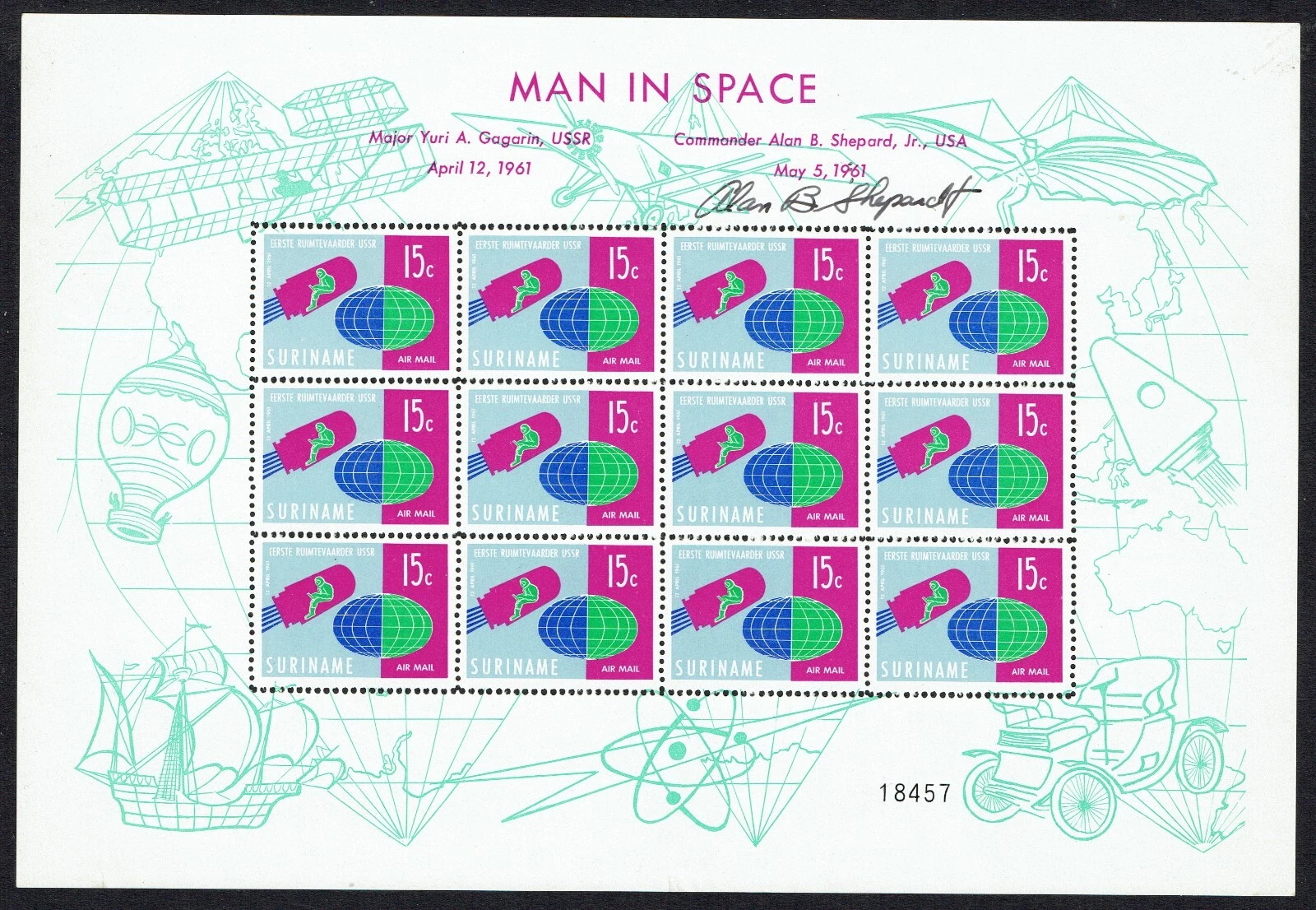 Alan B. Shepard Jr. signed autograph Man in Space Stamp Sheet PSA Full Letter