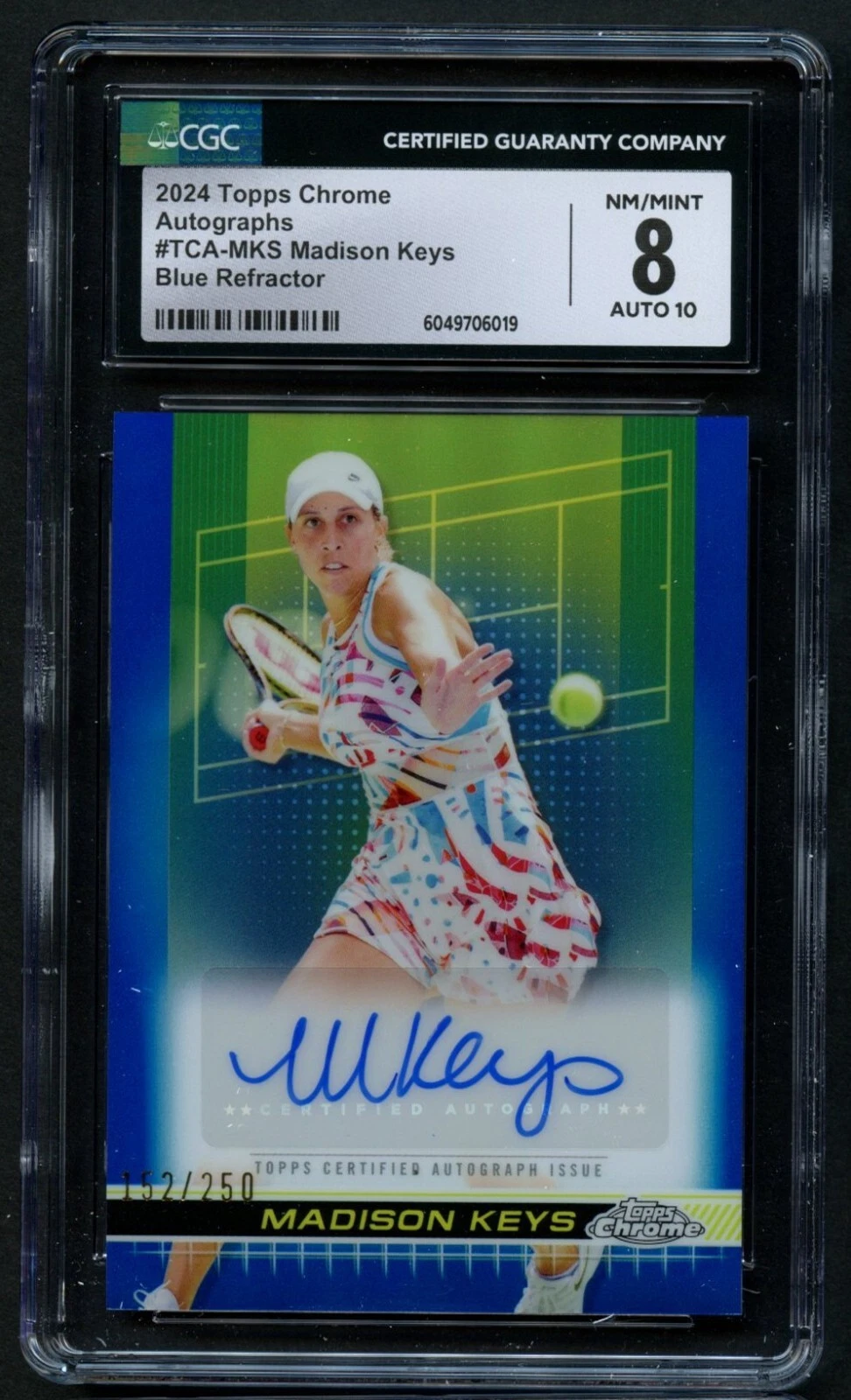 Madison Keys 2024 Topps Chrome Tennis Autographs 152/250 Blue Refractor CGC 8