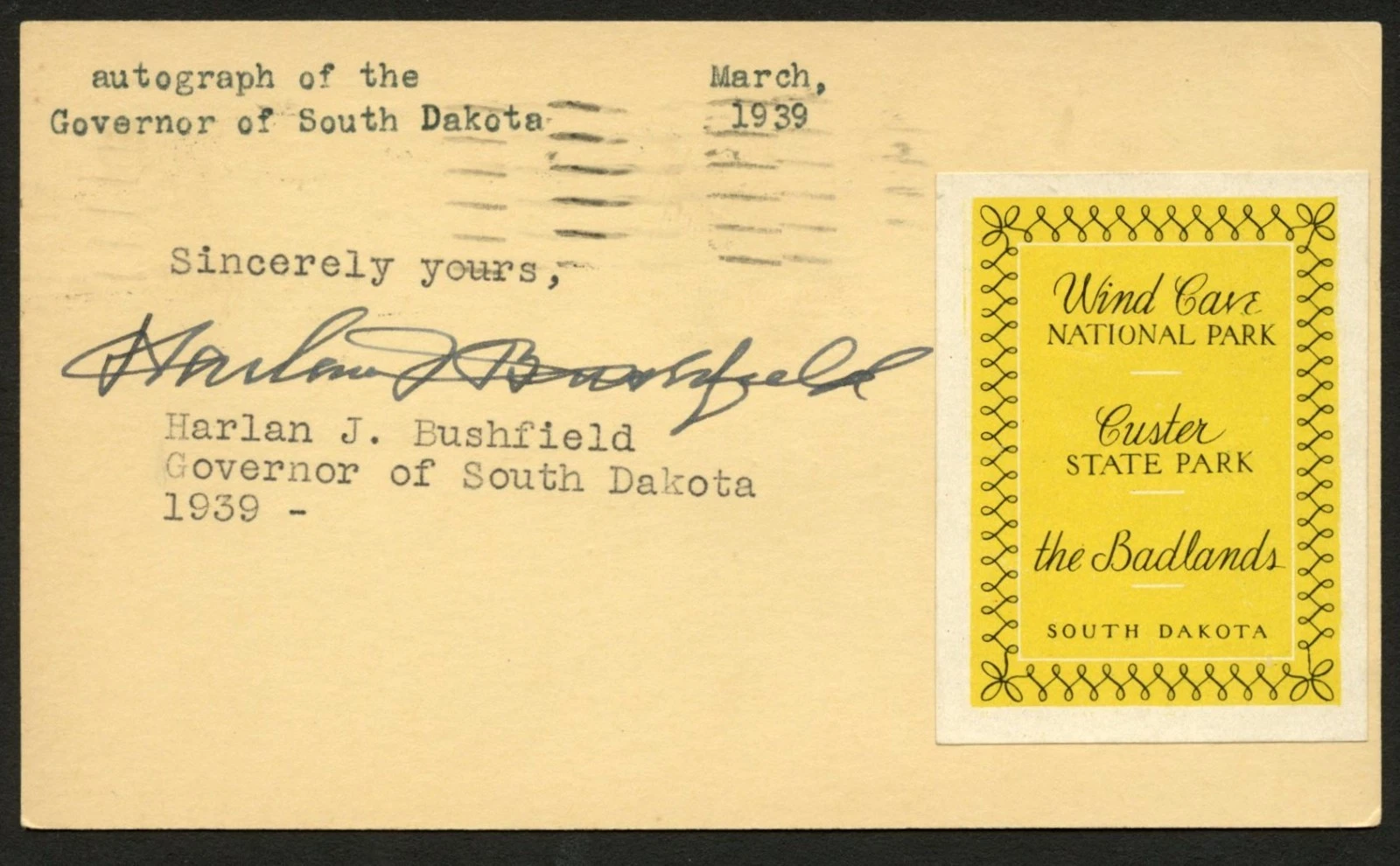 Harlan J. Bushfield d1948 signed autograph Governor of South Dakota Post Card