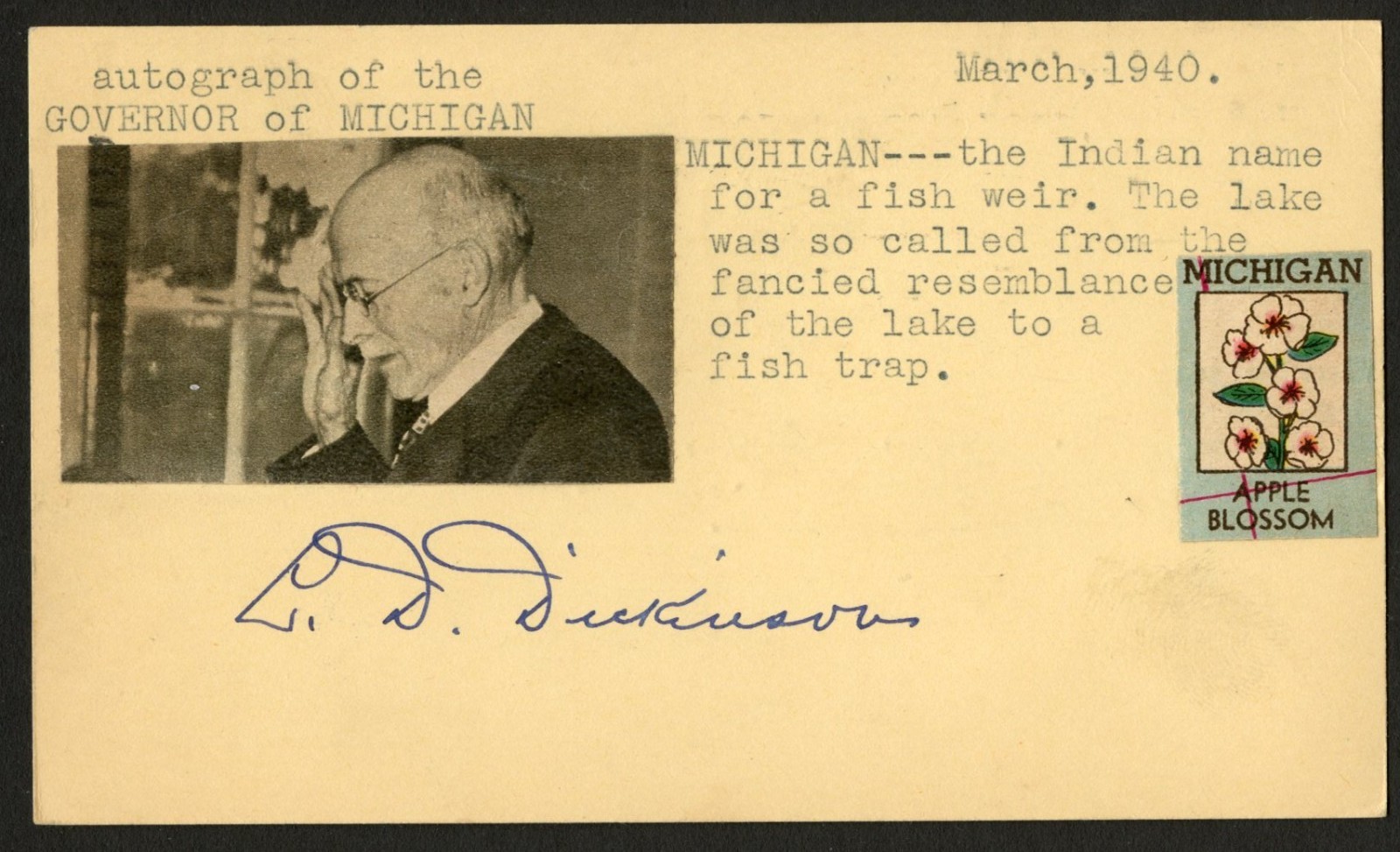 L D Dickinson d1943 signed autograph 37th Governor of the US Michigan Post Card