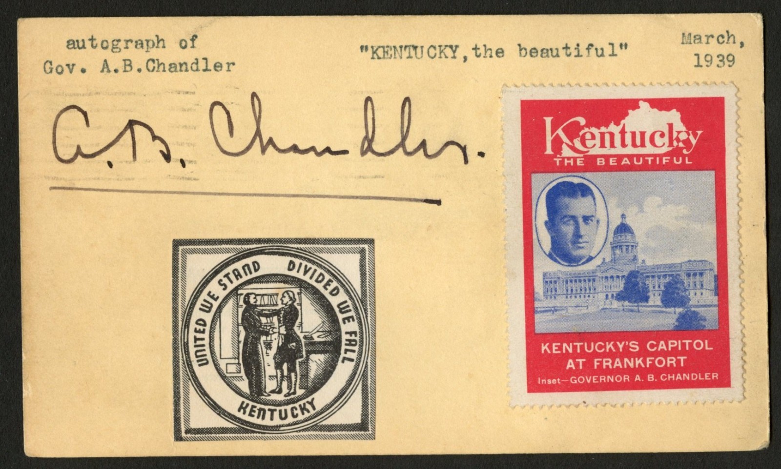 Albert Benjamin Chandler d1991 signed autograph Governor of Kentucky Post Card