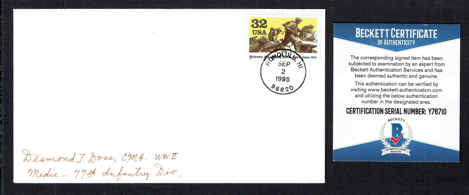 Desmond Doss signed autograph Postal Cover WWII MOH Hacksaw Ridge BAS