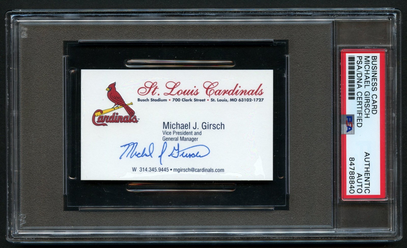 Mike Girsch signed autograph Baseball Executive Business Card Cardinals PSA
