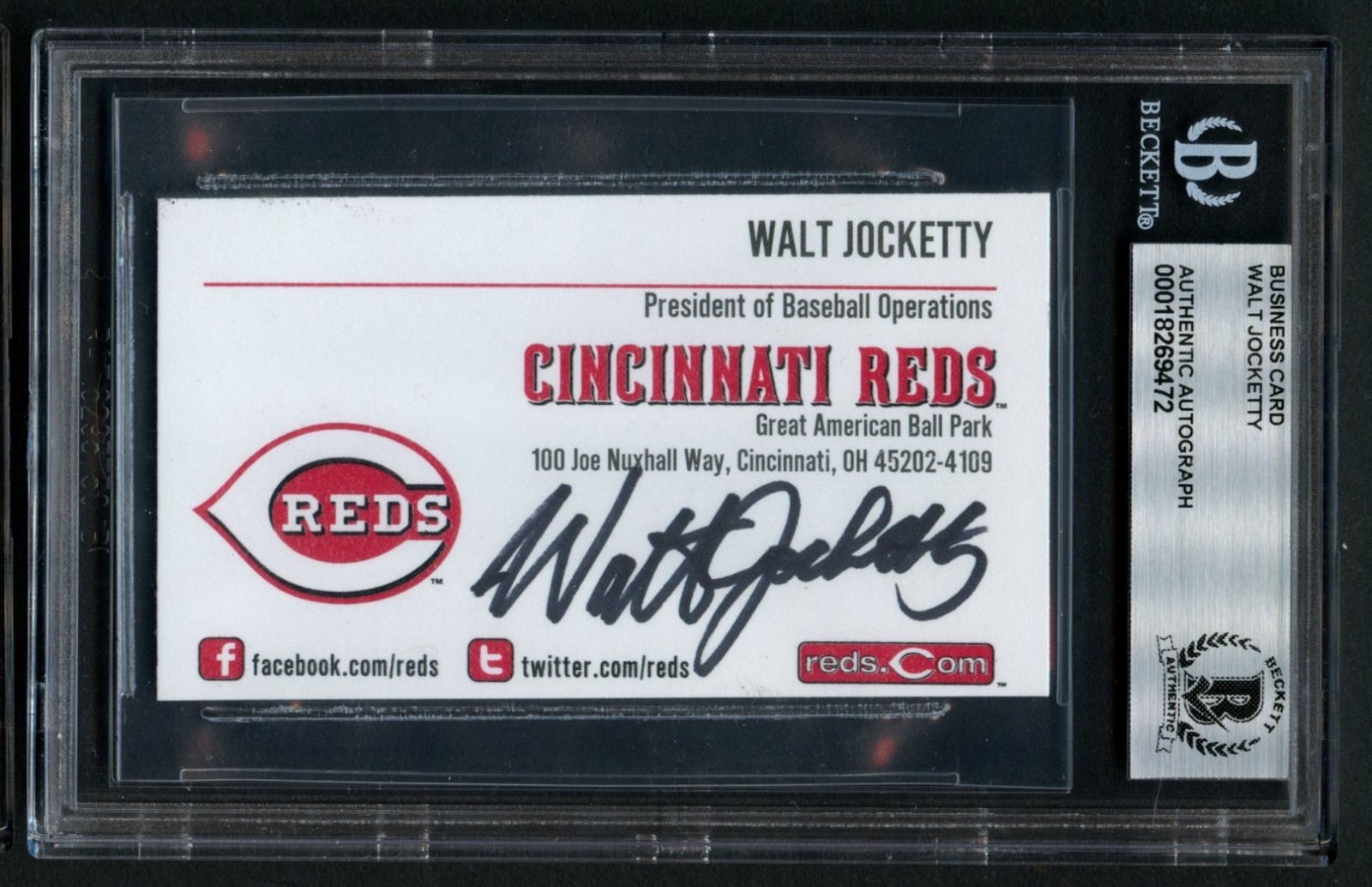 Walt Jocketty signed autograph President Cincinnati Reds Business Card BAS Slab