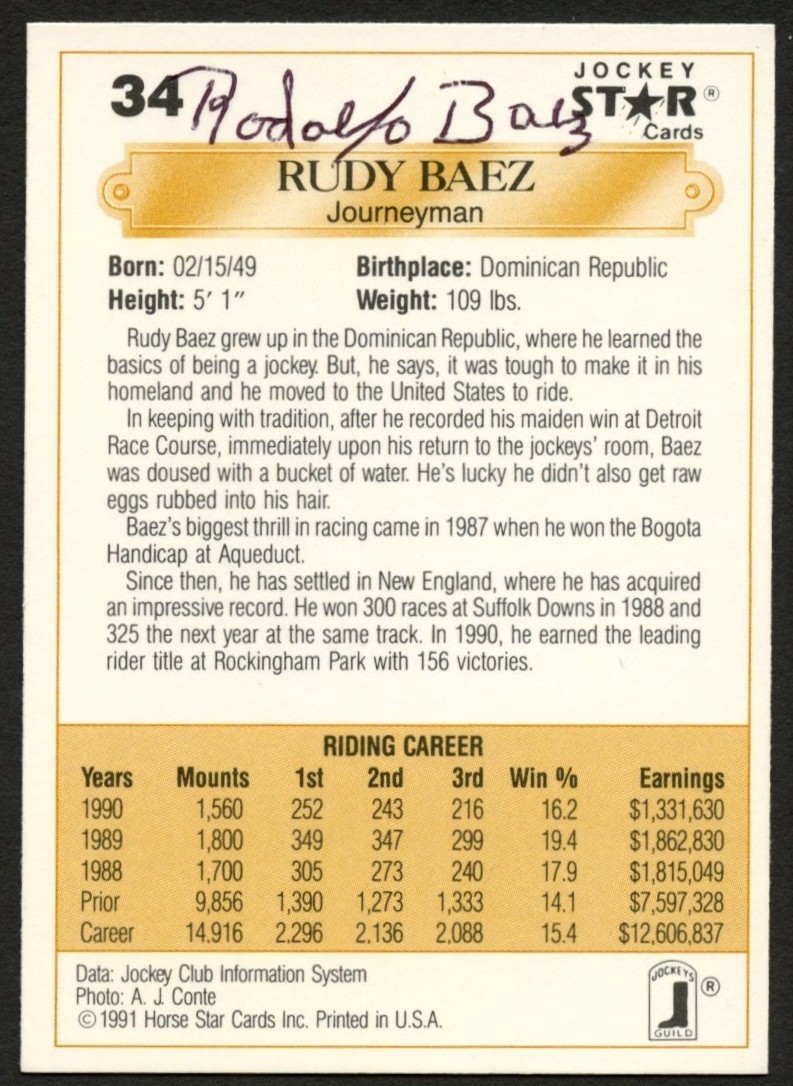 Rudy Baez #34 signed autograph auto 1991 Horse Jockey Star Trading Card