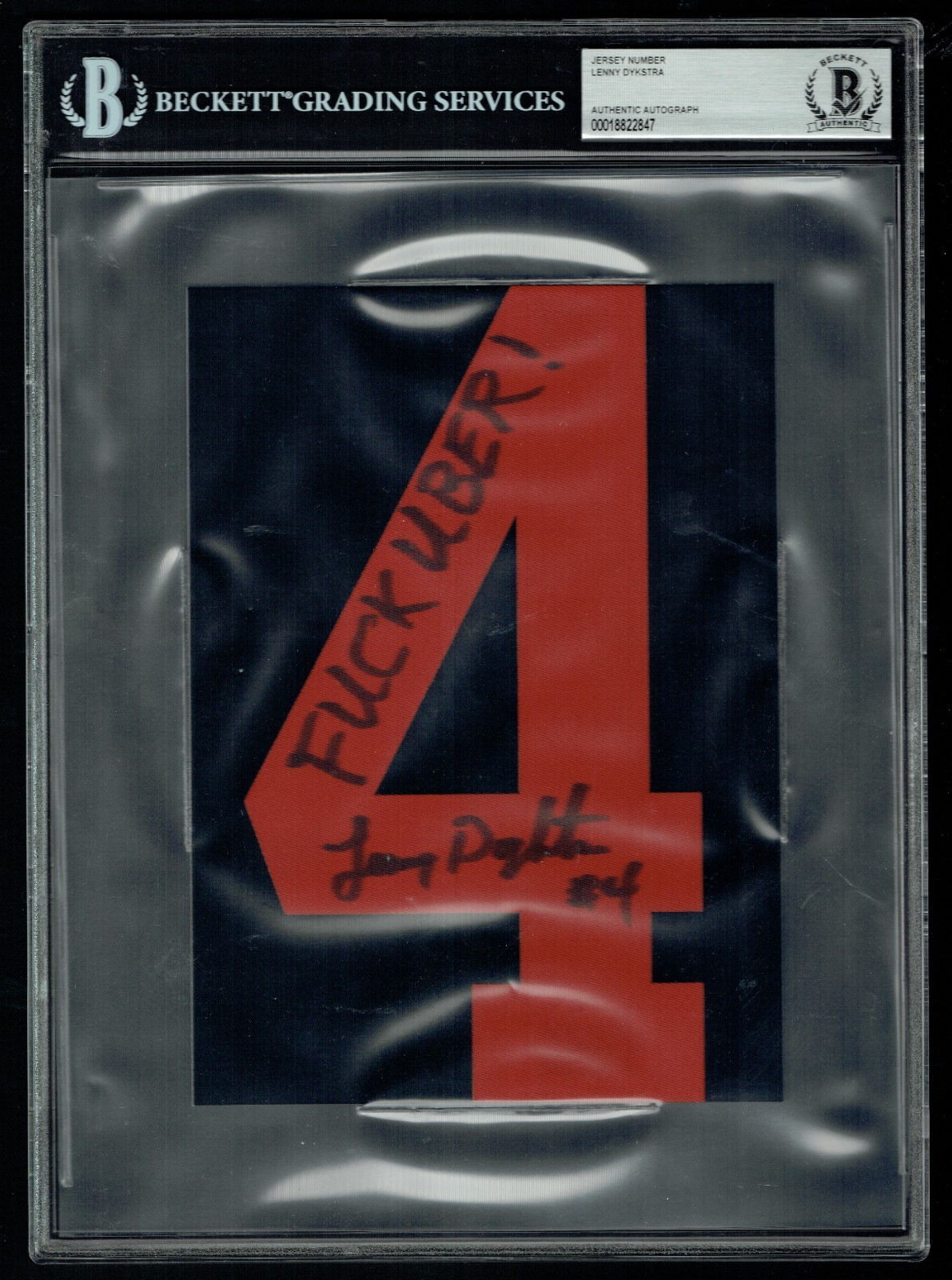 Lenny Dykstra signed autograph Number 4 with F--K UBER Inscription BAS Slabbed