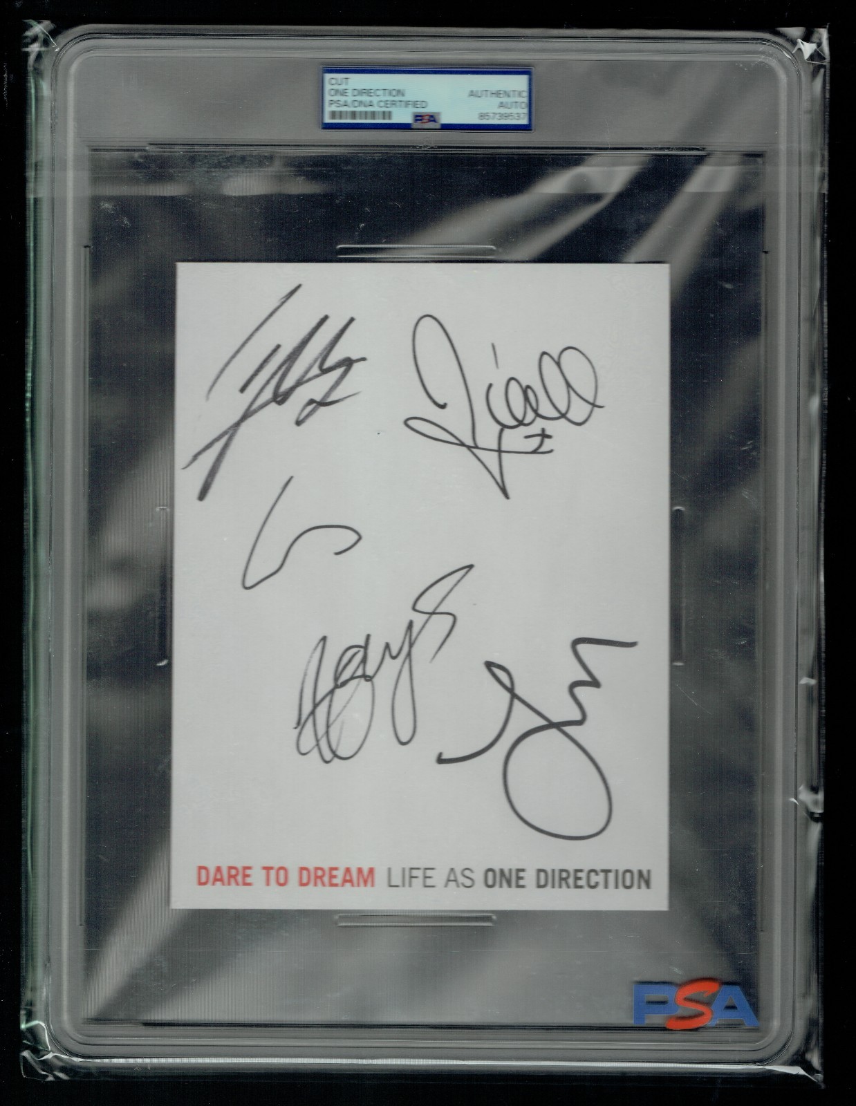 One Direction signed autograph 6x8 cut Harry, Niall, Liam, Louis & Zayn PSA Slab