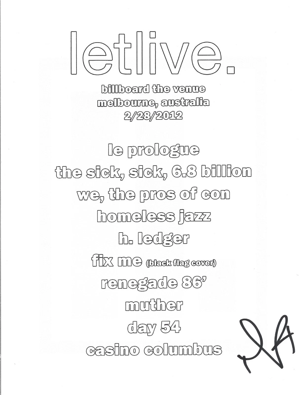 Jason Aalon Butler of Letlive. band hand SIGNED Setlist #1 COA Autograph Letlive