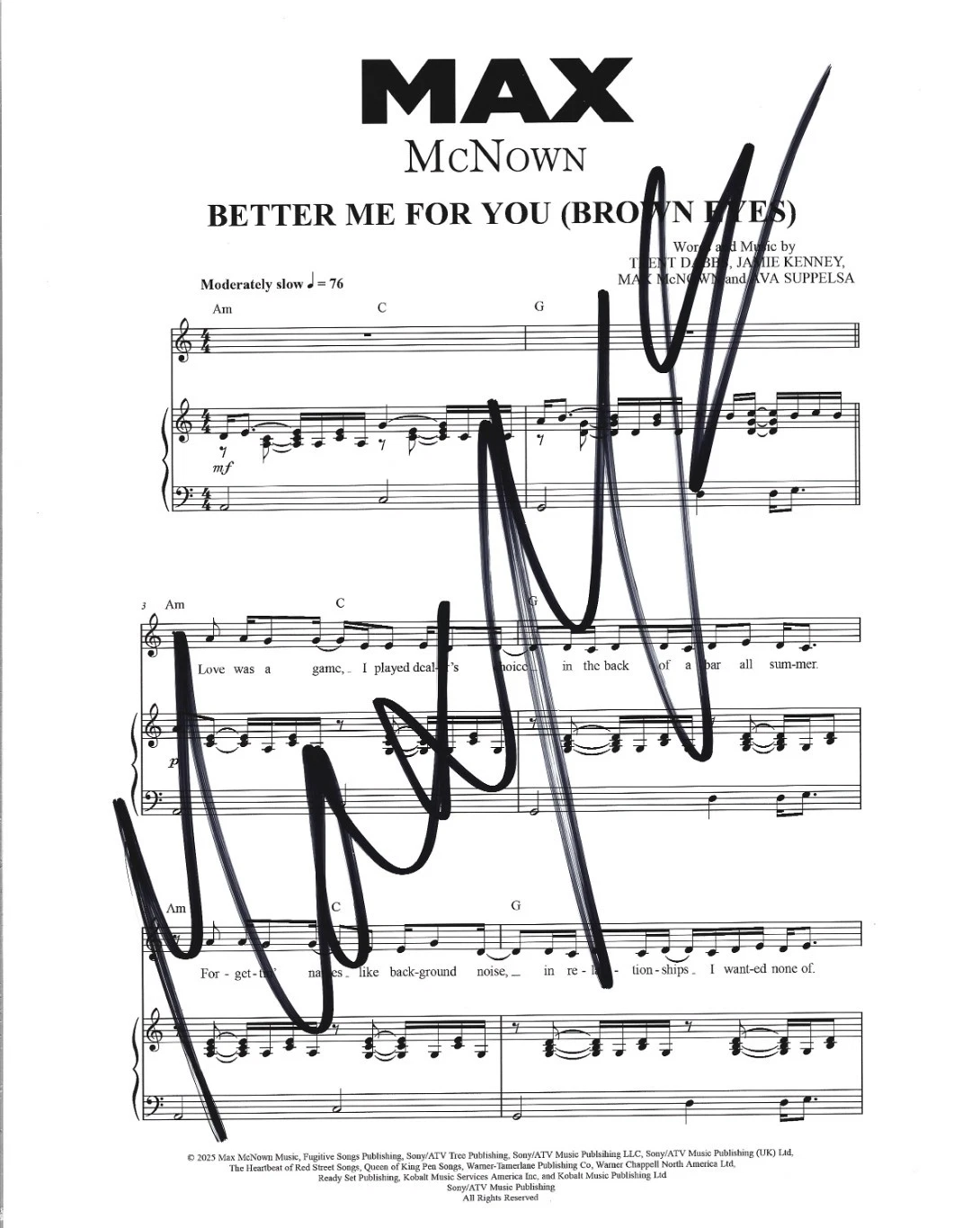Max McNown hand SIGNED Better Me For You (Brown Eyes) Sheet Music COA Autograph