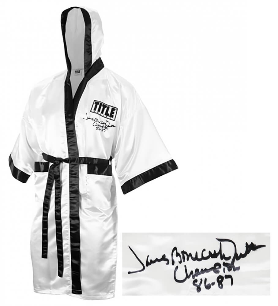 James Smith Signed Title White Boxing Robe w/Bonecrusher, Champ 86-87 - SS COA