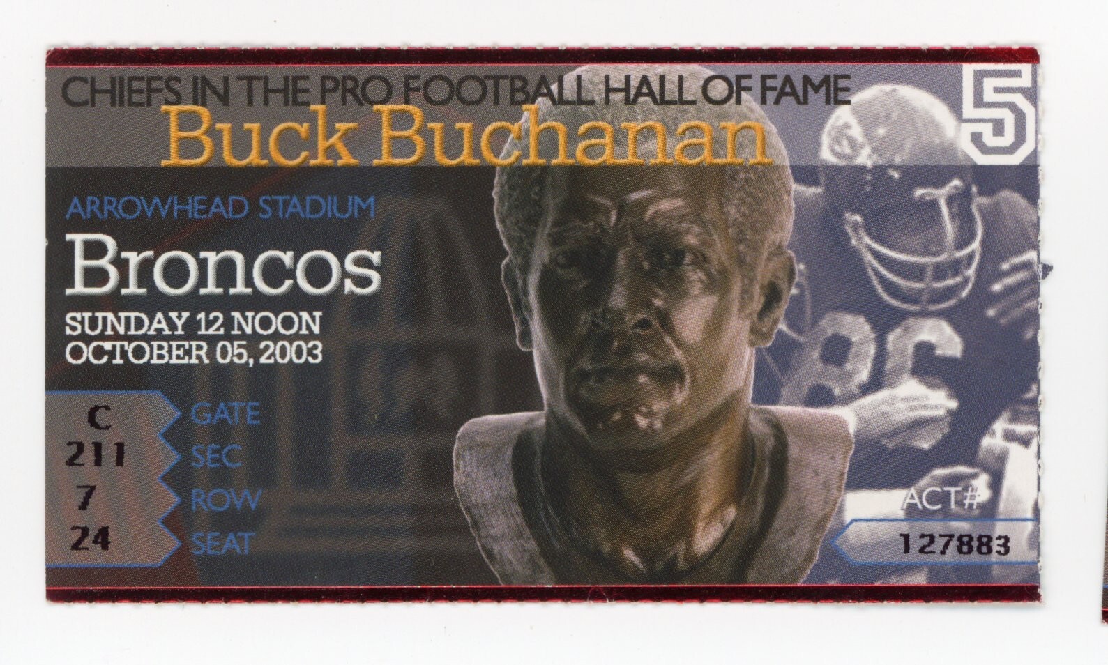 FOOTBALL TICKET STUB KANSAS CITY CHIEFS DENVER BRONCOS 10/5/2003 BUCK BUCHANAN