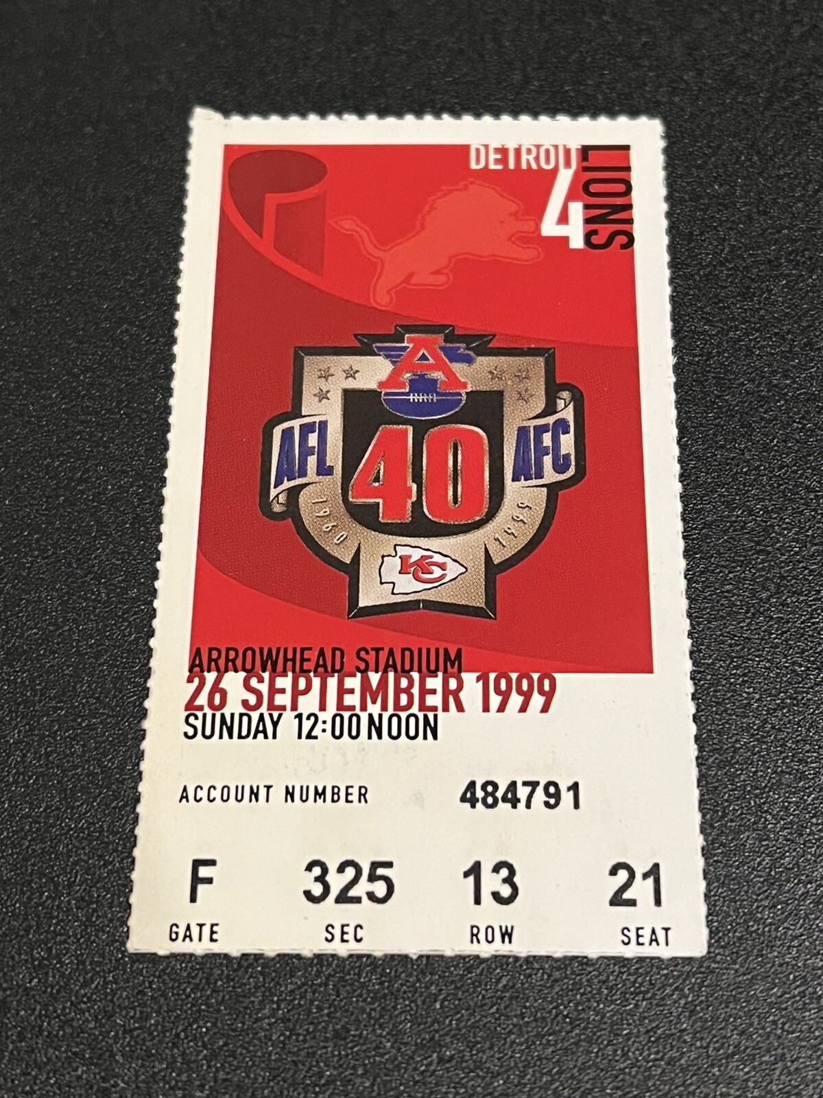 FOOTBALL TICKET STUB ARROWHEAD KANSAS CITY CHIEFS DETROIT LIONS 9/26 1999