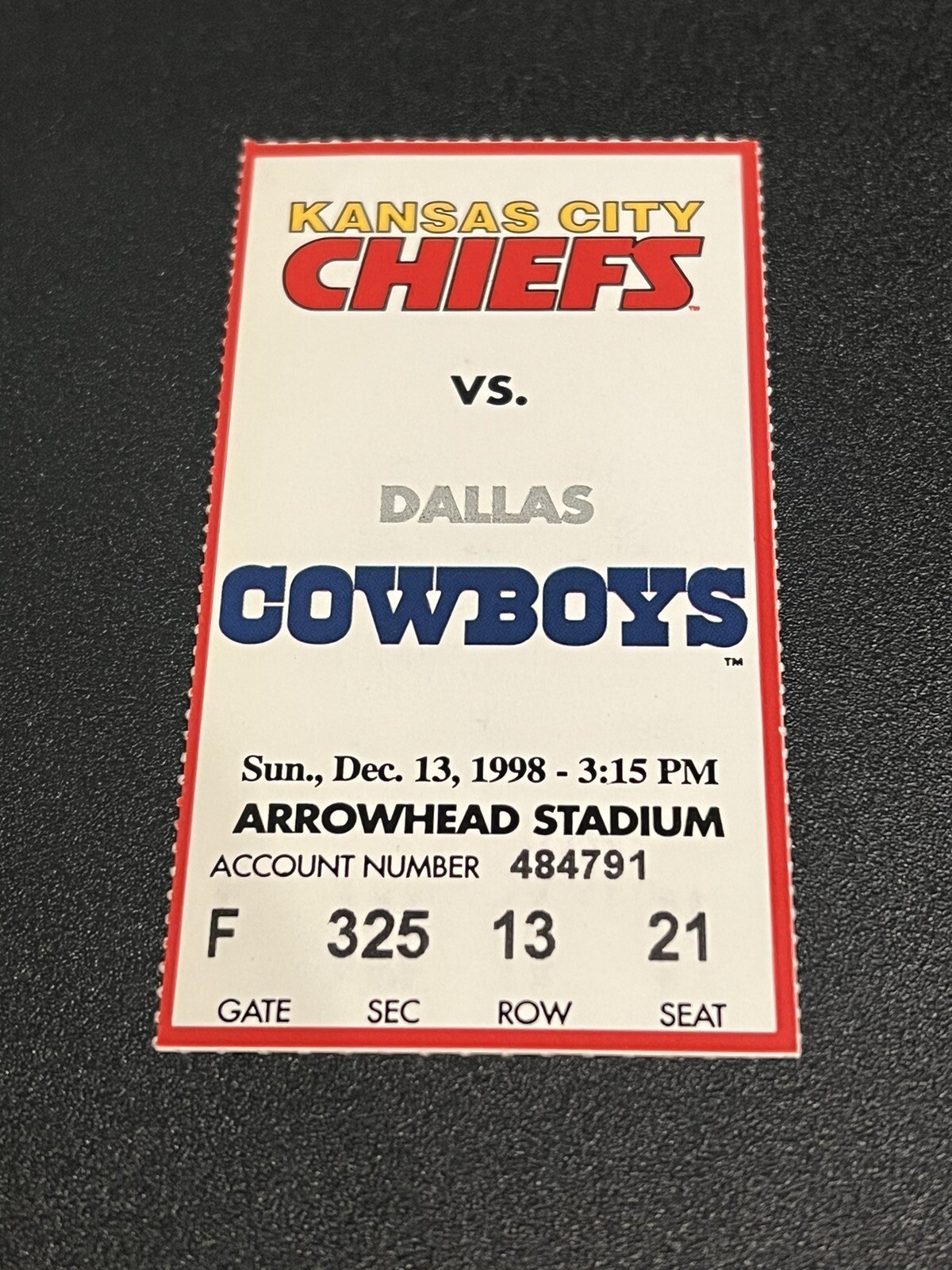 FOOTBALL TICKET STUB ARROWHEAD KANSAS CITY CHIEFS DALLAS COWBOYS 12/13 1998