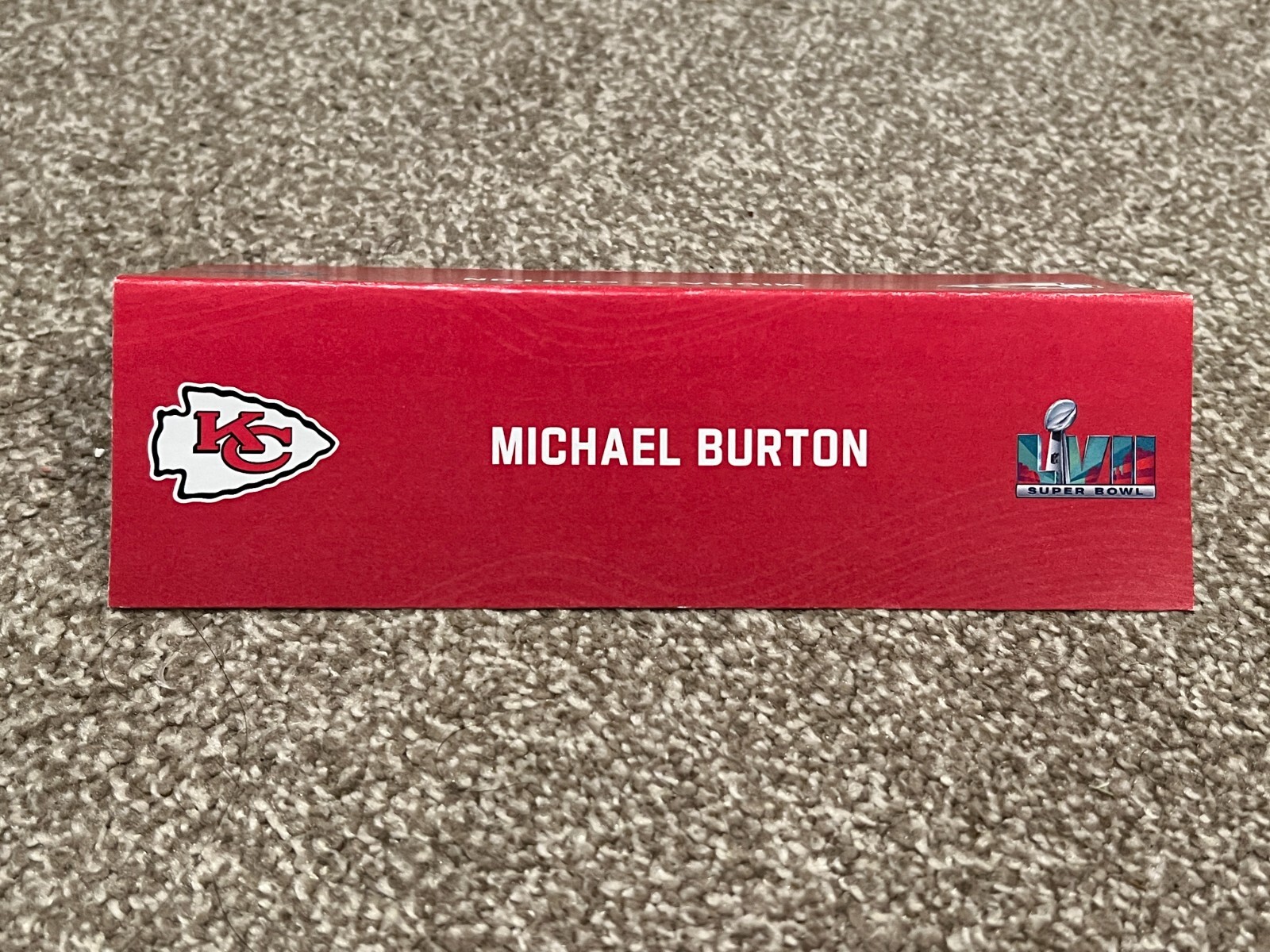KANSAS CITY CHIEFS TEAM ISSUED SUPER BOWL LVII PAPER NAMEPLATE MICHAEL BURTON