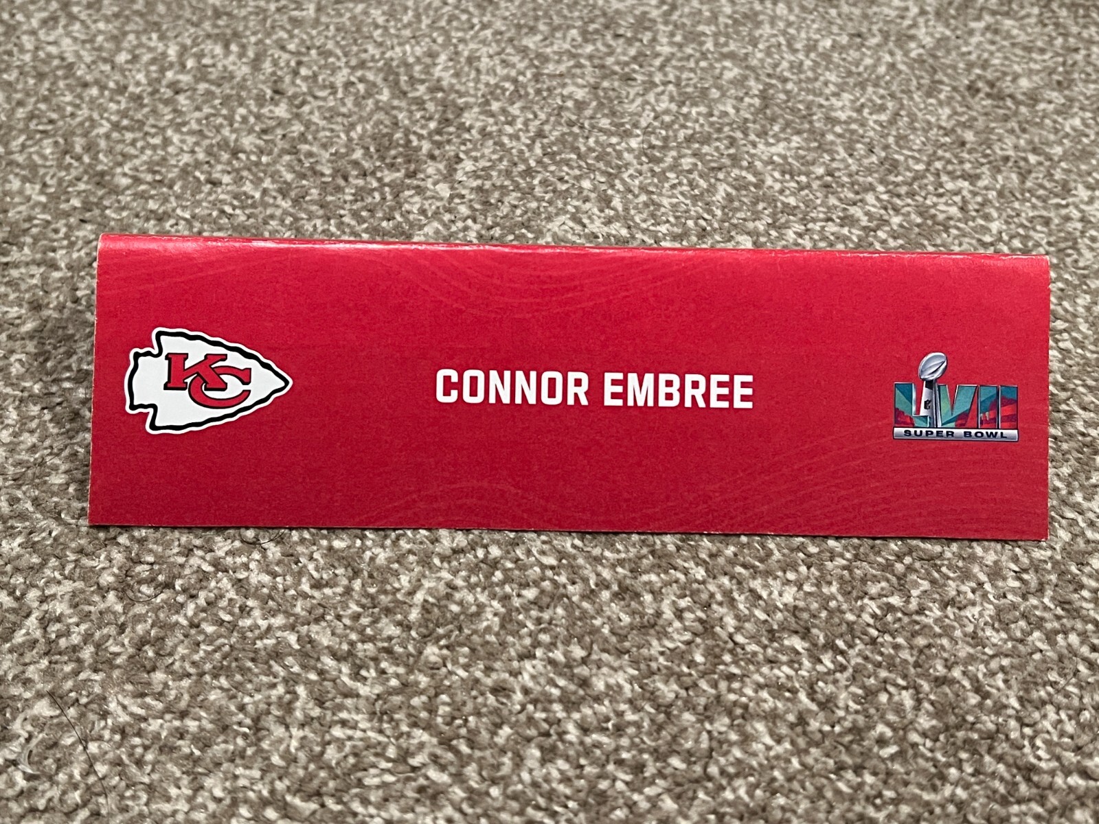 KANSAS CITY CHIEFS TEAM ISSUED SUPER BOWL LVII PAPER NAMEPLATE CONNOR EMBREE