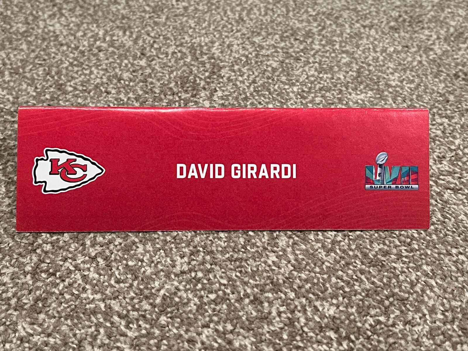 KANSAS CITY CHIEFS TEAM ISSUED SUPER BOWL LVII PAPER NAMEPLATE DAVID GIRADI