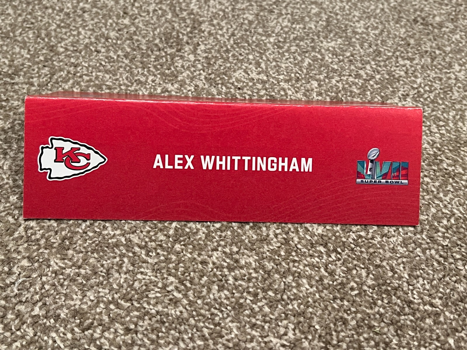 KANSAS CITY CHIEFS TEAM ISSUED SUPER BOWL LVII PAPER NAMEPLATE ALEX WHITTINGHAM