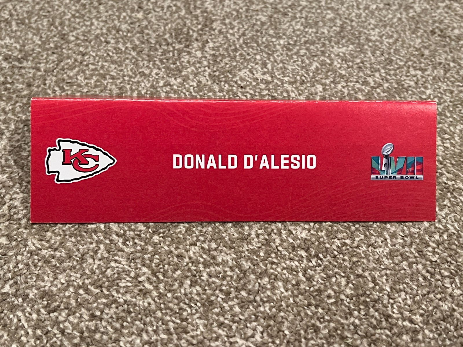 KANSAS CITY CHIEFS TEAM ISSUED SUPER BOWL LVII PAPER NAMEPLATE DONALD D'ALESIO