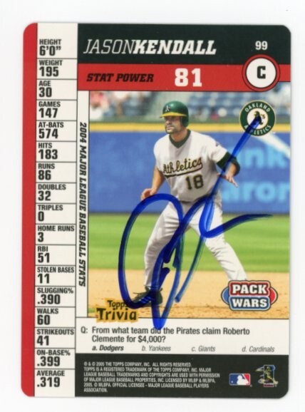 SIGNED BASEBALL CARD AUTO 2005 TOPPS PACK WARS JASON KENDALL OAKLAND A's #99