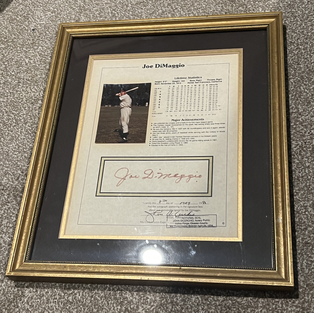 Joe DiMaggio Signed Baseball Stat Sheet Framed Auto New York Yankees HOF Yankees