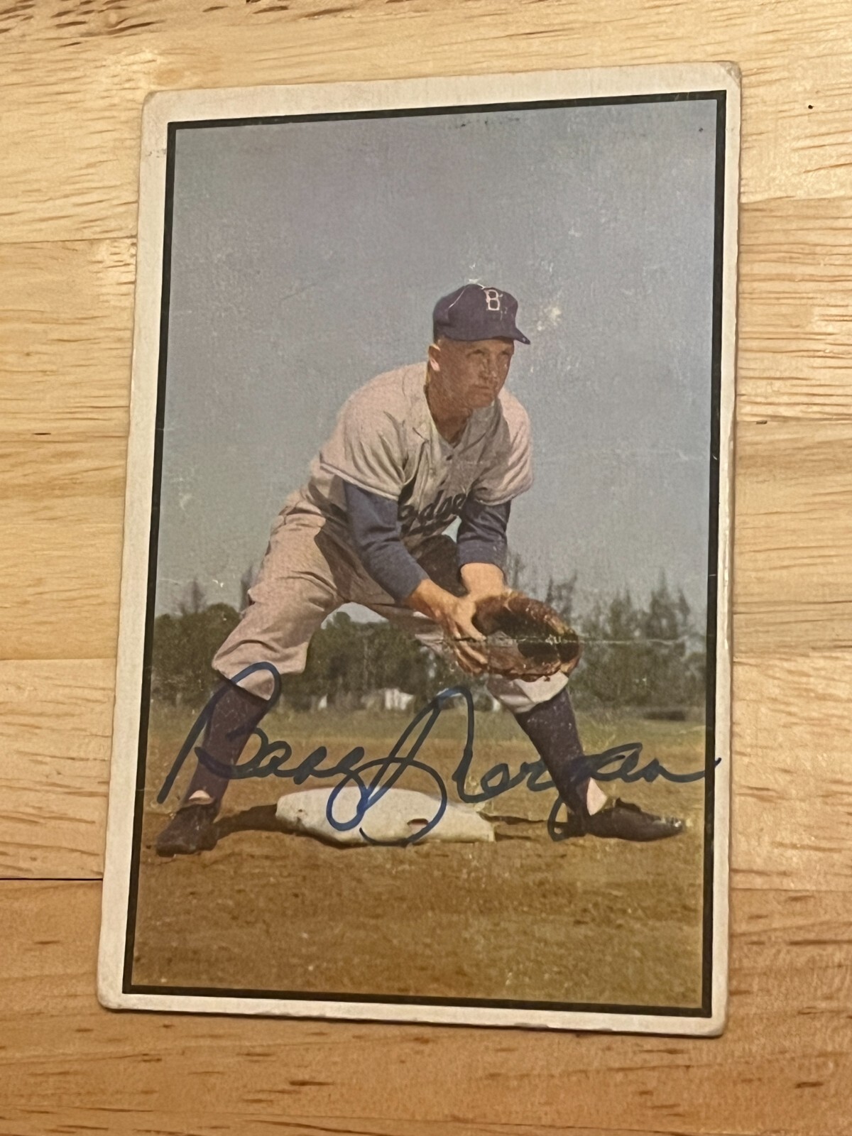 SIGNED BASEBALL CARD AUTO VTG 1953 BOWMAN COLOR BOBBY MORGAN DODGERS #135