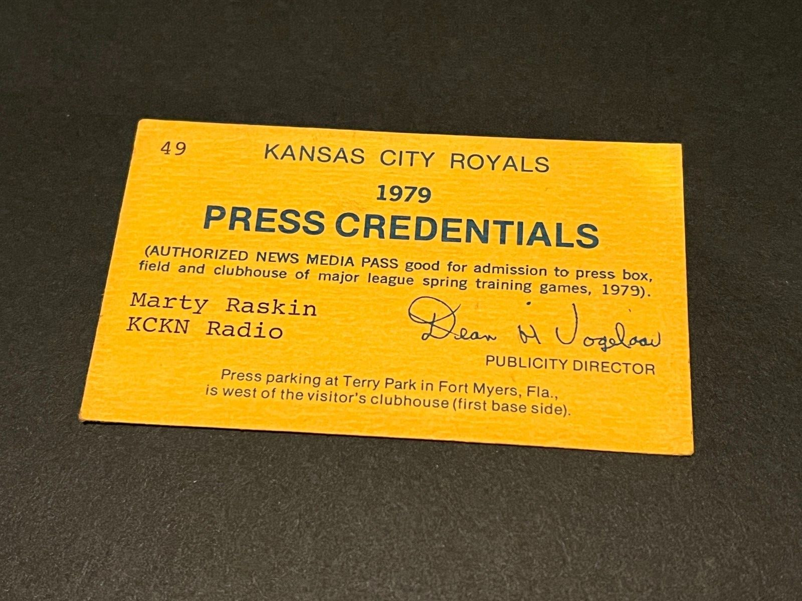 1979 PASS KANSAS CITY ROYALS MEDIA CREDENTIAL *NOT A TICKET VINTAGE KCKN RADIO