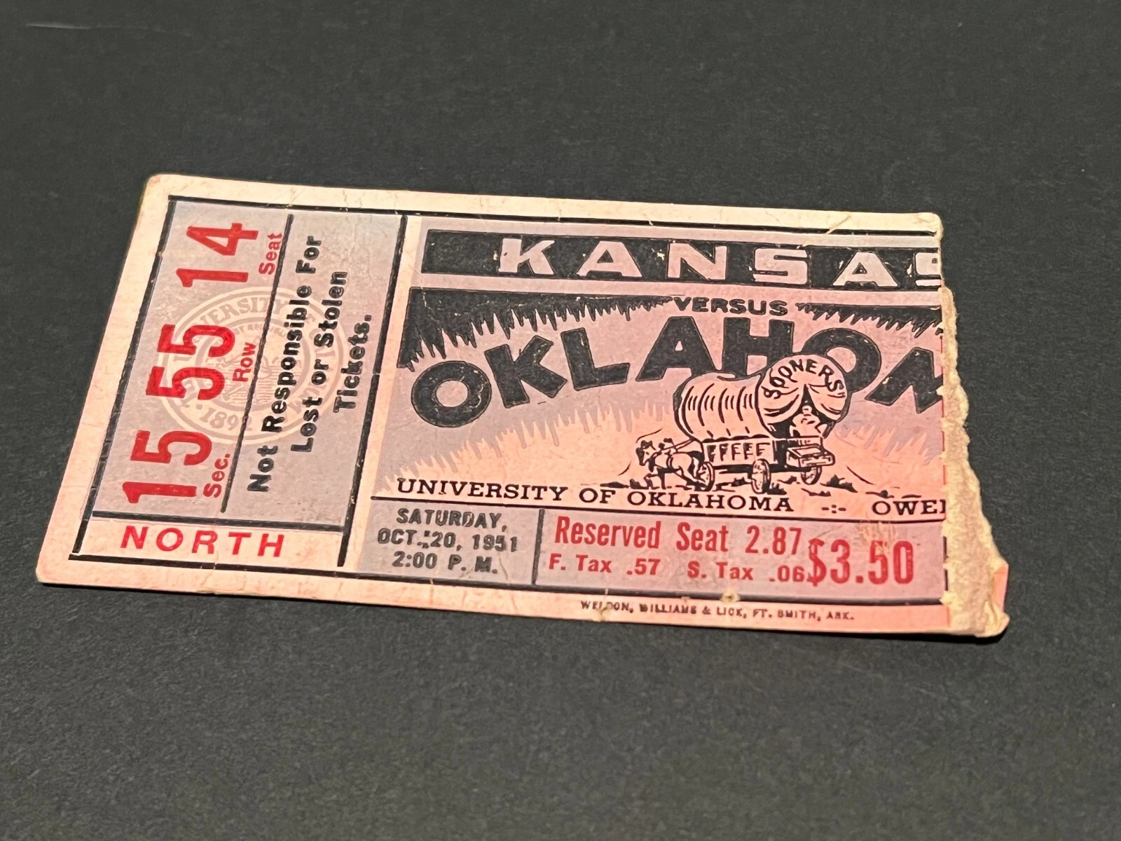 VTG FOOTBALL TICKET STUB GAME KANSAS KU JAYHAWKS V. OKLAHOMA SOONERS 1951