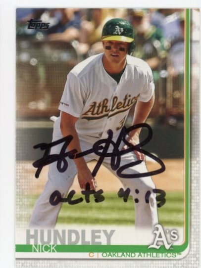 SIGNED BASEBALL CARD AUTO TOPPS 2019 OAKLAND A's ATHLETICS NICK HUNDLEY #US195