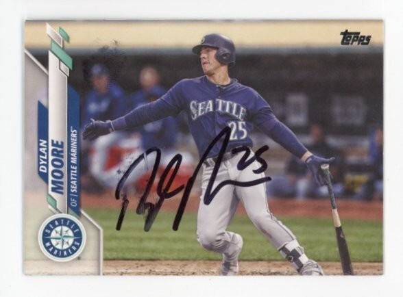 SIGNED BASEBALL CARD AUTO TOPPS 2020 SEATTLE MARINERS DYLAN MOORE #517 *SMEAR*
