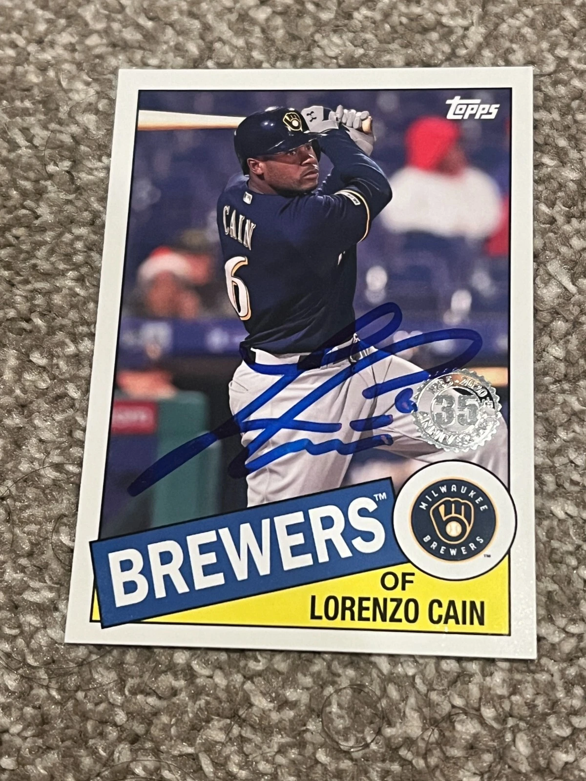 SIGNED BASEBALL CARD AUTO LORENZO CAIN TOPPS 2020 MILWAUKEE BREWERS 85TB-23