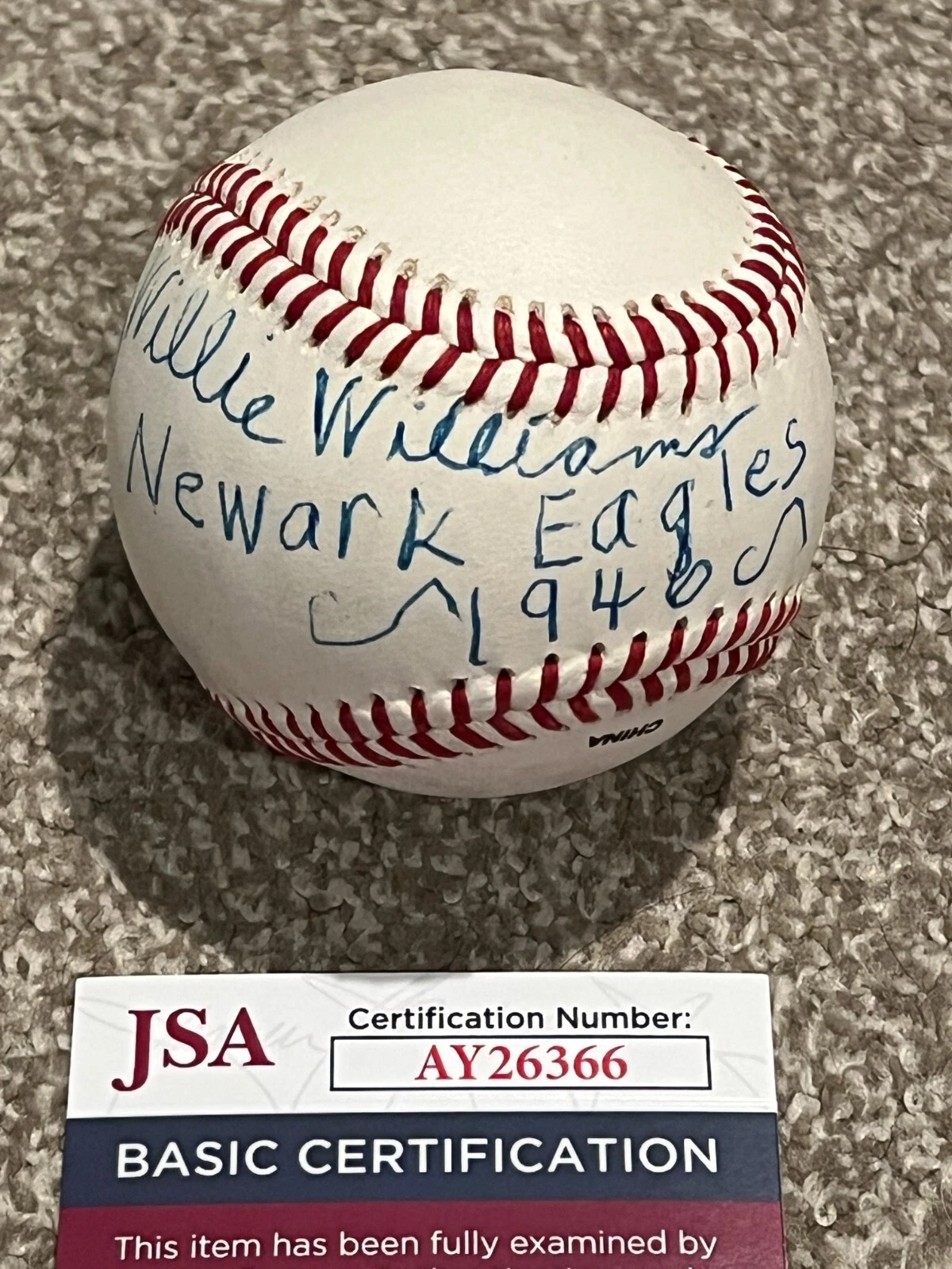 WILLIE WILLIAMS SIGNED BASEBALL AUTO NEGRO LEAGUE NEWARK EAGLES JSA COA