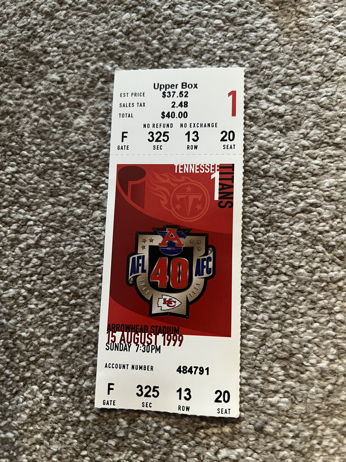 FOOTBALL TICKET STUB ARROWHEAD KANSAS CITY CHIEFS TENNESSEE TITANS 1999 8/15