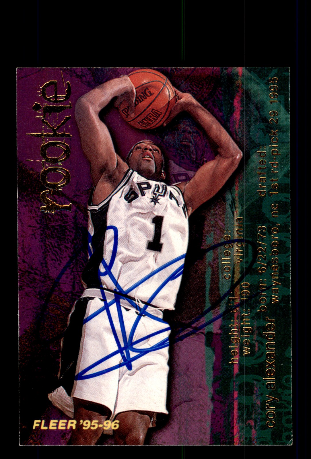 Signed Basketball Card Auto Cory Alexander 1995-96 Fleer #280 San Antonio Spurs