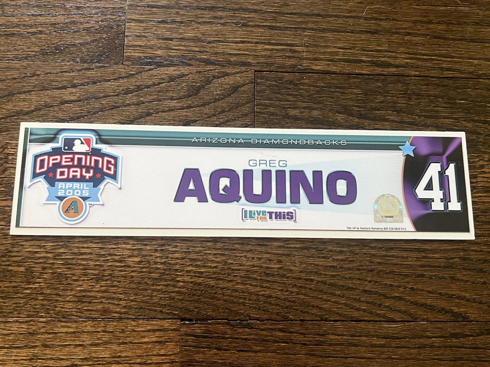 ARIZONA DIAMONDBACKS GAME USED BASEBALL LOCKER ROOM NAMEPLATE GREG AQUINO 2005