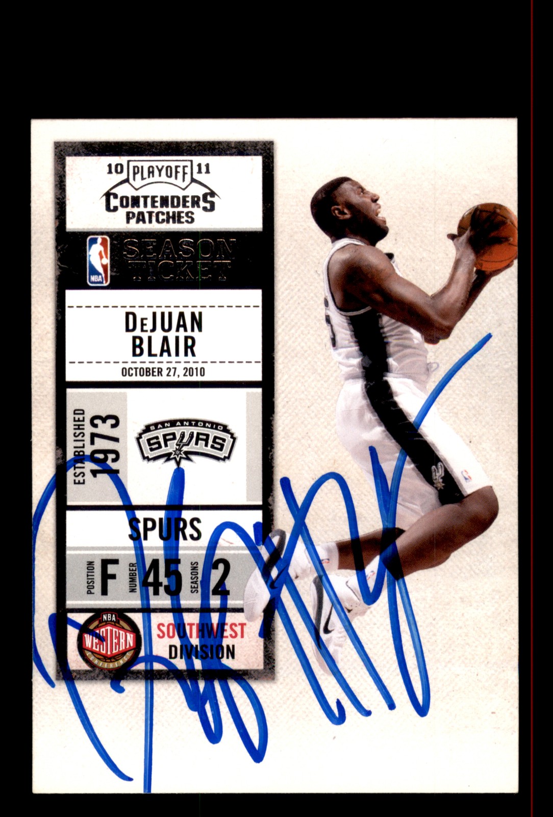 Signed Basketball Card Auto DeJuan Blair 2010-11 Playoff Contenders #41 Spurs