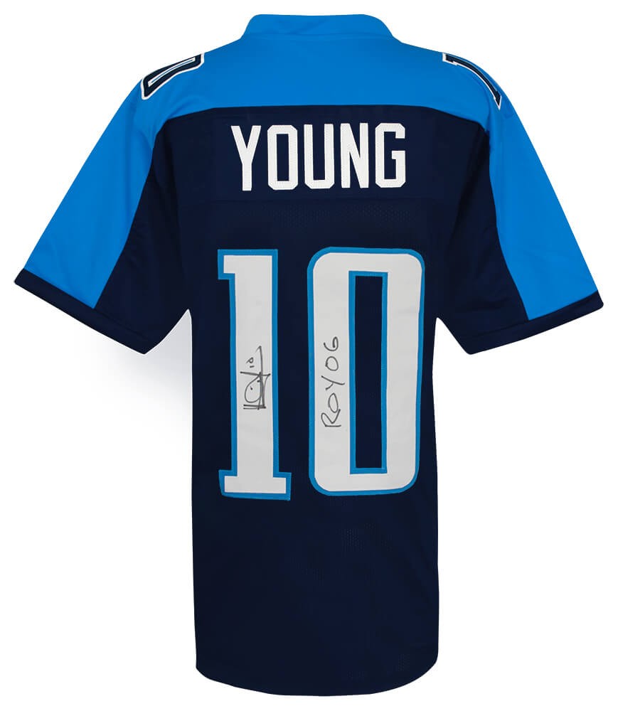 Vince Young (TITANS) Signed Blue Custom Football Jersey w/ROY'06 -(SCHWARTZ COA)