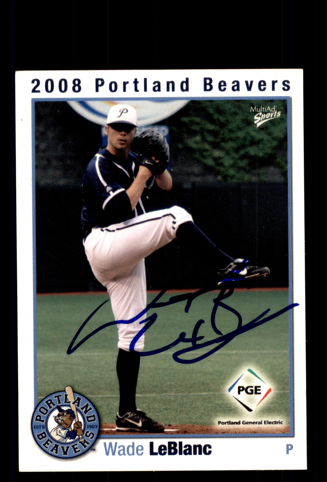 Signed Baseball Card Auto Wade LeBlanc 2008 MultiAd Portland Beavers