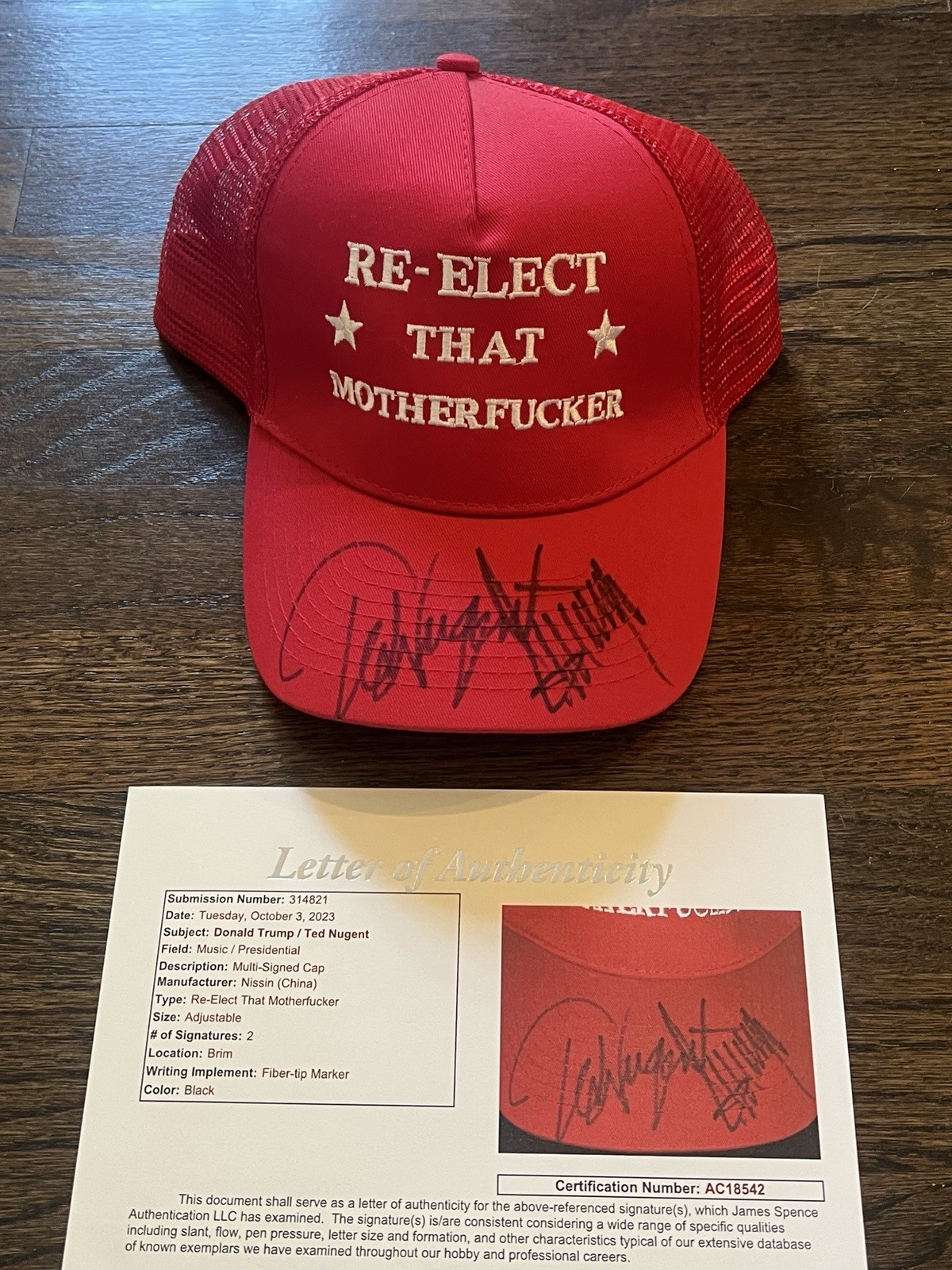 PRESIDENT DONALD TRUMP TED NUGENT SIGNED RE-ELECT THAT MOTHER HAT AUTO JSA COA
