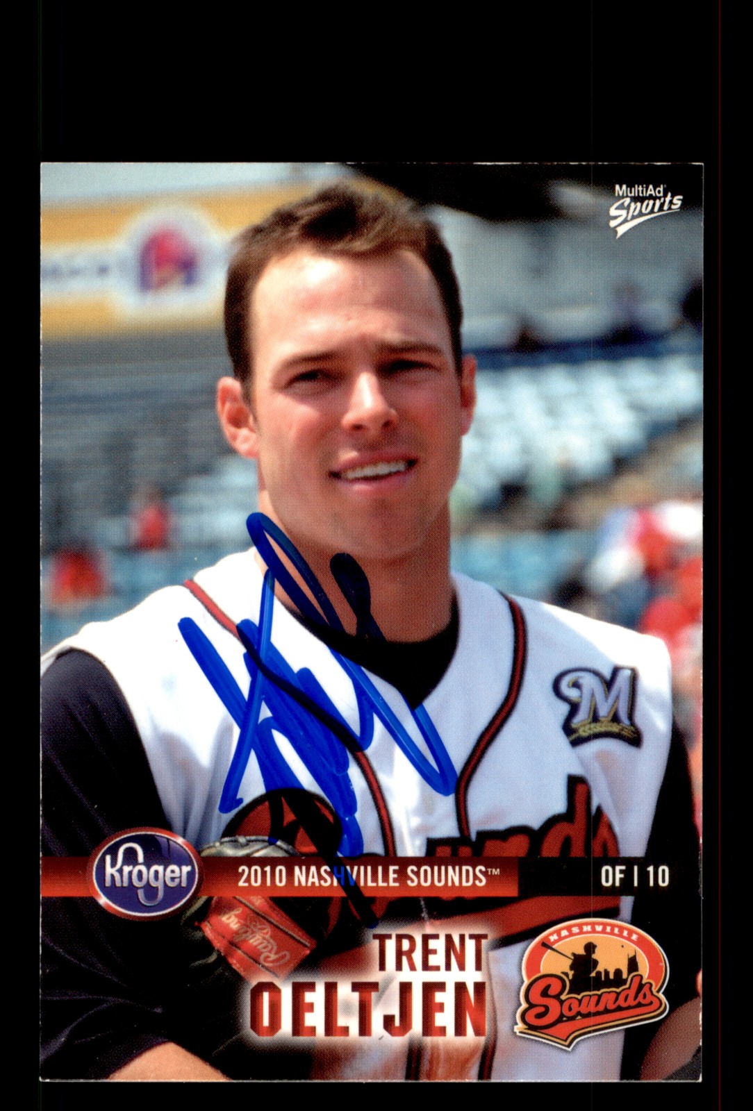 Signed Baseball Card Auto Trent Oeltjen 2010 MultiAd Nashville Sounds