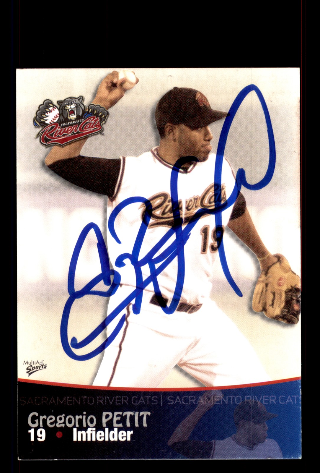 Signed Baseball Card Auto Gregorio Petit 2009 MultiAd Sacramento River Cats